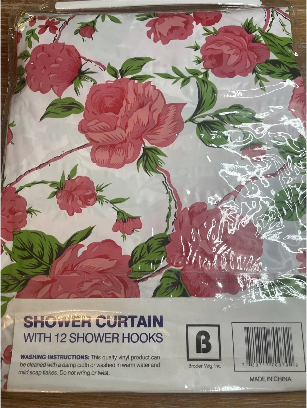 Vinyl Shower Curtain Set with 12 Hooks - White Pink Rose Floral 70x72